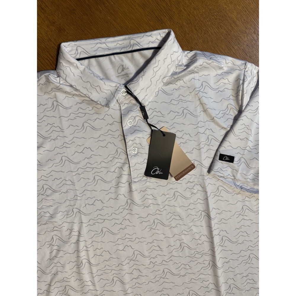 Obla Performance Polo Shirt Mens L White‎ Wave Print UPF 50 4 Way Stretch NWT